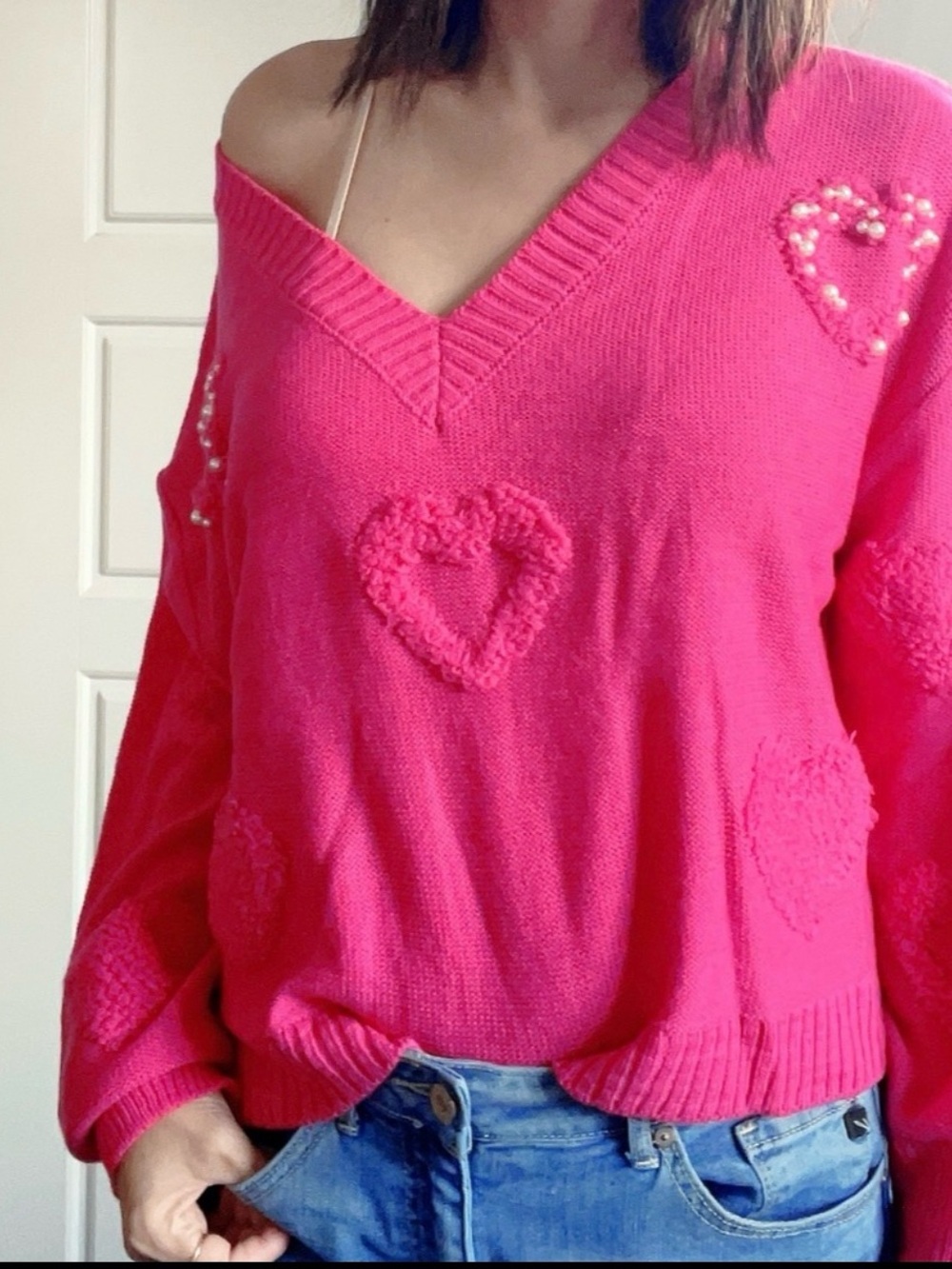 07 Cozy Heart V neck Vday oversized Sweater Top - Picture 4 of 8